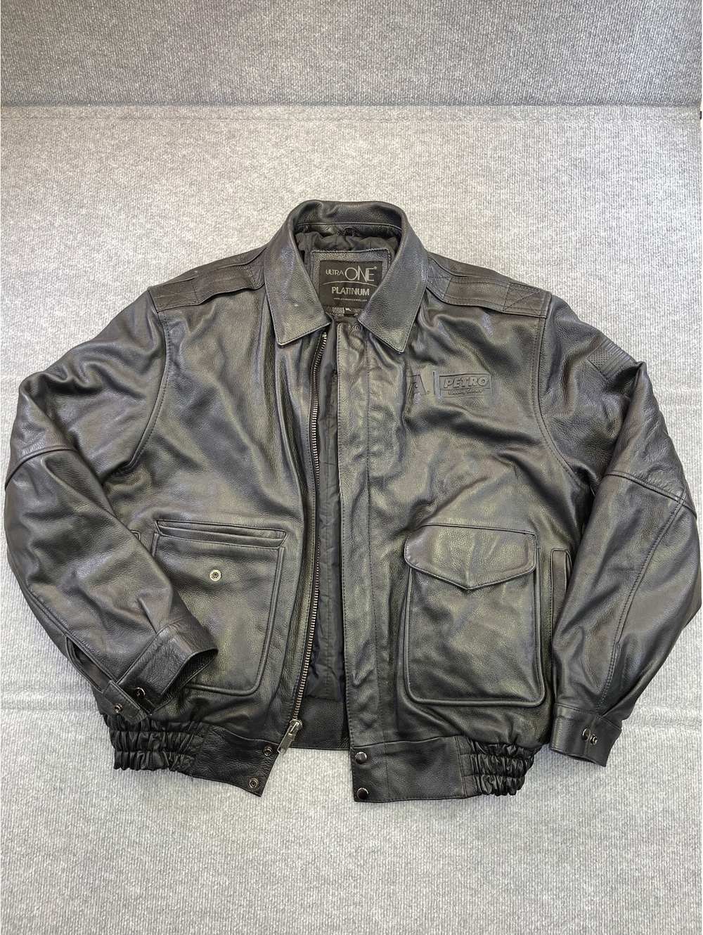Vintage Ultra One Platinum Leather Bomber Jacket Mens XL Black Petro Trucking
